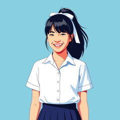 Happy Thai High School Student Girl in Uniform Illustration.