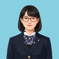 Portrait of a Japanese high school girl in school uniform with glasses illustration.