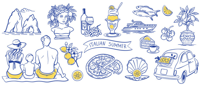 Hand drawn Italy summer illustration set with pizza, lemons, wine, yacht, family on the beach, ancient statue, gelato, tomatoes, fish, and vintage car. Travel and vacation design elements. Mediterrane