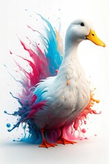 Duck with pristine white feathers is dramatically adorned with vibrant pink, blue, and orange paint splashes, creating an energetic and artistic explosion of color against a clean background.