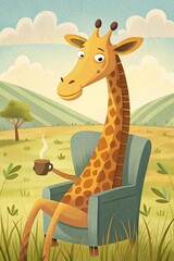 Giraffe sits comfortably in a teal armchair, enjoying a warm cup of coffee amidst a whimsical outdoor landscape with rolling green hills and a peaceful sky.