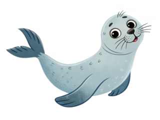 Adorable, cartoonish baby harbor seal with a smooth, textured blue-grey skin and large, expressive eyes playfully rests on its belly with flippers extended,, isolated on transparent background.