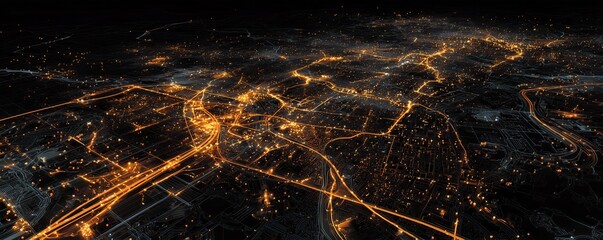Abstract 3D map rendering of city infrastructure network glowing orange at night, concept for smart city development, global connectivity and technological data flow