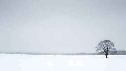 A lone bare tree stands in a vast, snow-covered field under a grey, overcast winter sky, creating a minimalist and serene landscape.