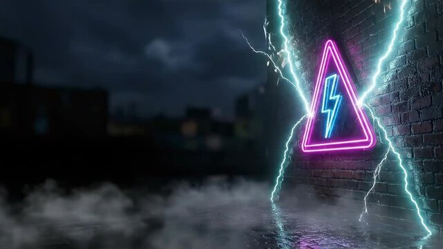 Urban night alley with flickering neon lightning bolt sign. Explosive electric sparks and lightning strikes on a dark brick wall. Cinematic 3D render with moody atmosphere and smoke.
