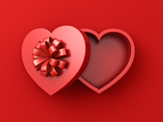 Blank red love heart gift box open or top view of white valentines present box with red ribbon bow isolated on dark red background with shadow minimal creative ideas concept 3D rendering