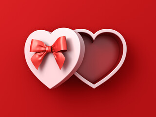 Blank white love heart gift box open or top view of white valentines present box with red ribbon bow isolated on dark red background with shadow minimal creative idea conceptual 3D rendering