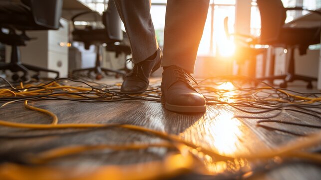 Low angle shot of businessman's feet stepping across tangled electrical wires on a wood floor in a sunlit office, concept for IT failure, workplace safety awareness and poor office management