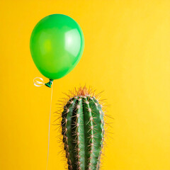 cactus plant with a green balloon floating above on a yellow background. something go wrong concept