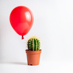 cactus plant with a red balloon floating above on a white background. something go wrong concept