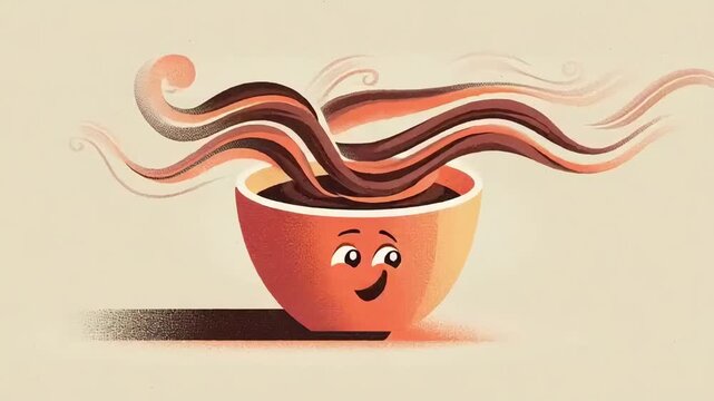 Cartoon Orange Coffee Cup with Steaming Hot Drink and Happy Face