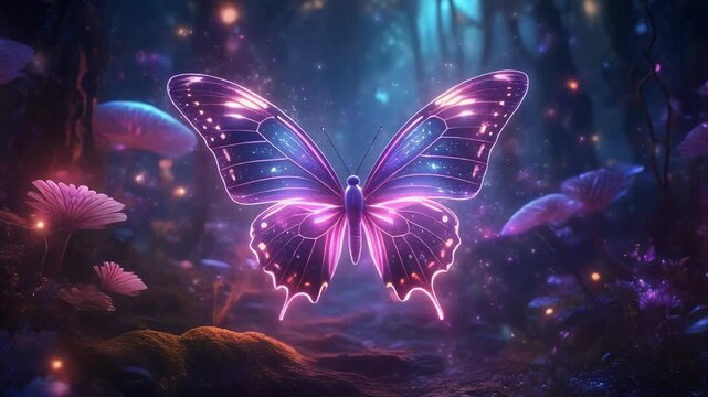 A glowing neon butterfly flies through a magical forest with sparkling particles following its wing movement.