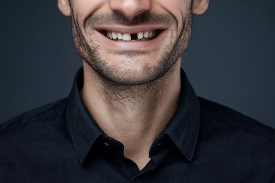 Close-up of a smiling bearded man in a dark shirt showing a noticeable missing front tooth, concept for dental health advertising, oral hygiene promotion and cosmetic dentistry services
