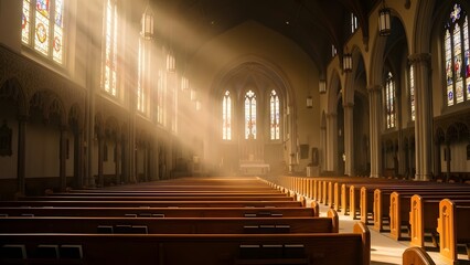 Sunlight streaming through tall windows illuminating empty wooden pews inside a grand church with stained glass architecture.