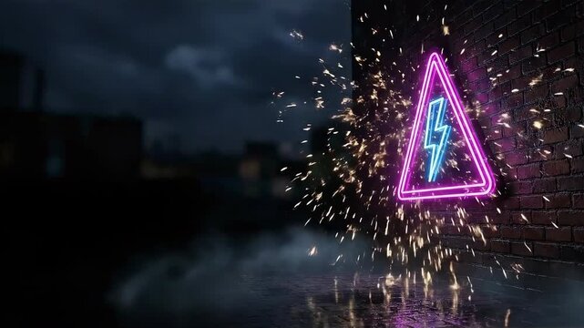 Urban night alley with flickering neon lightning bolt sign. Explosive electric sparks and lightning strikes on a dark brick wall. Cinematic 3D render with moody atmosphere and smoke.

