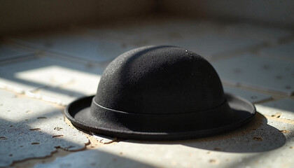  Black bowler hat lying on ground in sunlight