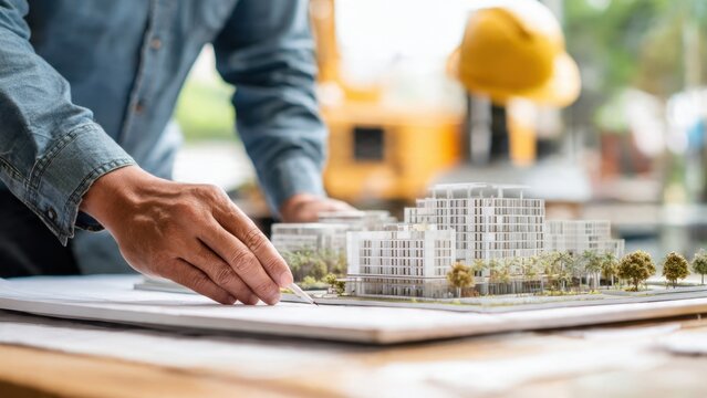 Architect examining building model at desk - Powered by Adobe