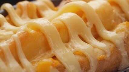 Baked sweet potato stuffed with melty cheese. The dish showcases a comforting and simple lunch option, perfect for an easy recipe.