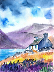 Watercolor illustration of a rural landscape with a house with green roof and a flowering meadow in front of it (Hand-drawn, not AI)
