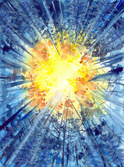 Watercolor illustration of a mystical forest with blue silhouettes of trees on a yellow-blue background (Hand-drawn, not AI)
