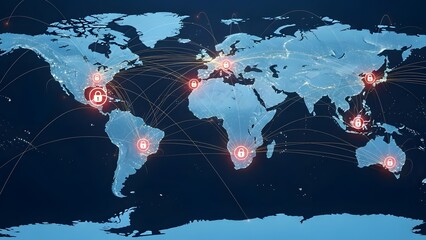 A digital illustration of a world map with glowing red security locks and connections