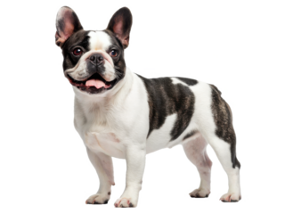 Adorable, compact French Bulldog with a striking piebald coat of black and white, standing in a relaxed pose with a slightly open mouth revealing a pink tongue,, isolated on transparent background.