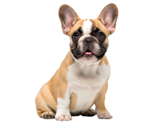 Adorable fawn and white French Bulldog puppy with large, expressive eyes and wrinkled face, exhibiting a curious and playful expression while sitting attentively, isolated on transparent background.