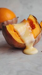 Baked sweet potato with melty cheese oozing out. The dish is a comforting and simple lunch option, showcasing vibrant orange and brown colors.