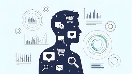 A man's silhouette with various digital marketing and social media icons surrounding his head and body