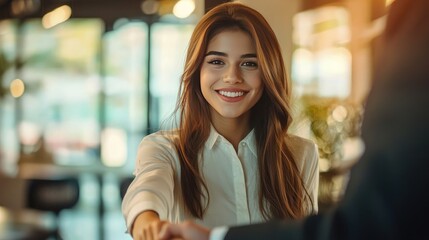 Woman smiling in sunlight shaking hands
