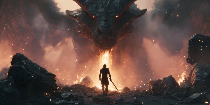 A lone knight stands with a sword before a massive roaring dragon in a fiery, apocalyptic fantasy landscape, concept for epic movie poster, video game cover art and fictional book illustration