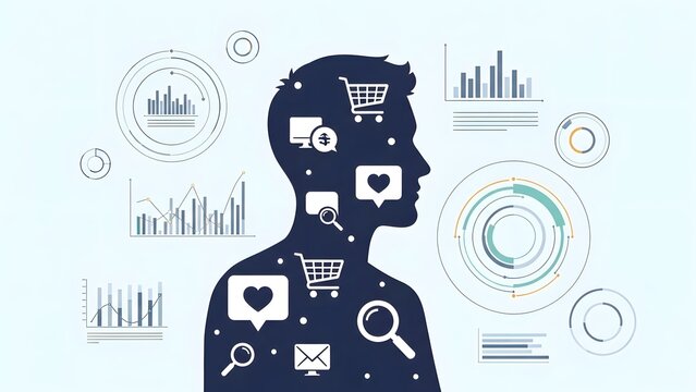 A man's silhouette with various digital marketing and social media icons surrounding his head and body - Powered by Adobe