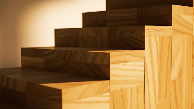 Wooden Stair Steps with Warm Lighting, Close-up of wooden stair steps with warm lighting