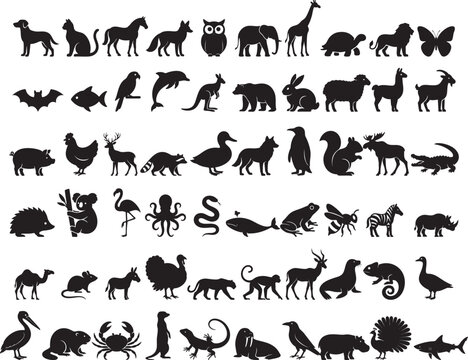 Animal silhouette icon set with 60 wildlife, farm animals, birds, insects and sea creatures in black