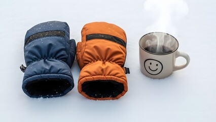 Two colorful winter mittens, one blue and one orange, resting on fresh snow next to a steaming mug with a happy face, evoking warmth and comfort in cold weather.