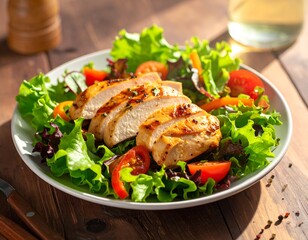 Grilled chicken breast on fresh salad with tomatoes on wooden table
