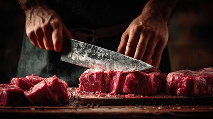 Beef settlement. Hands slicing a large piece of meat with a knife, showcasing a culinary preparation scene.