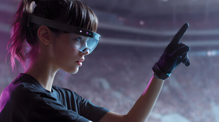 Young woman wearing augmented reality headset and glove, interacting with digital interface