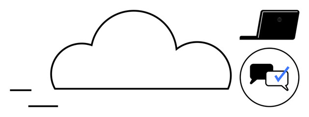 Cloud outline connected to messaging icon with a check mark and a laptop. Ideal for technology, cloud computing, communication, data sharing, teamwork, online services, modern business. Simple flat