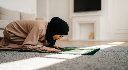 Muslim Woman in Prayer: Symbolic Illustration of Faith and Reverence, Modern Interior Setting.