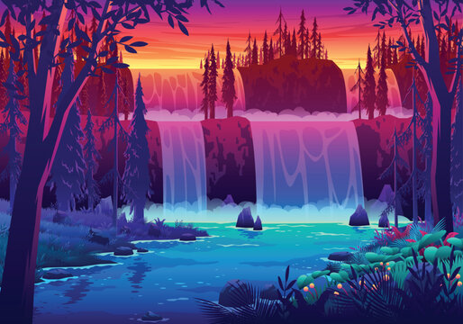 Fantasy Sunset Waterfall Landscape Illustration with Pine Forest and River