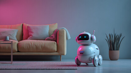 Cute robot companion in a modern living room with ambient lighting