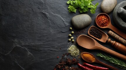A collection of spices and herbs is shown on a dark stone surface. Wooden spoons hold different spices. There are also smooth stones and fresh herbs nearby in a kitchen area.