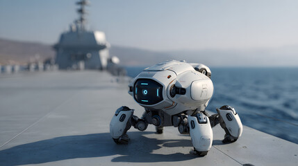 Futuristic white spider robot with glowing blue eyes on a ship deck overlooking the ocean