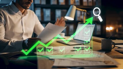 Medical doctor reviewing healthcare document with digital checklist and approval icons, representing clinical compliance, record verification, data accuracy, and modern medical administration. - Powered by Adobe