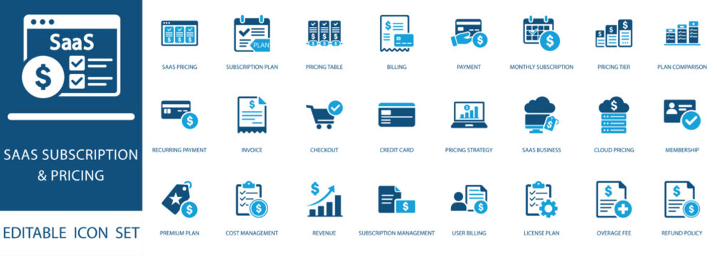 SaaS Subscription and Pricing Icon Set. Bundle of billing, payment, subscription plan, invoice, and cloud pricing icons for business presentation.