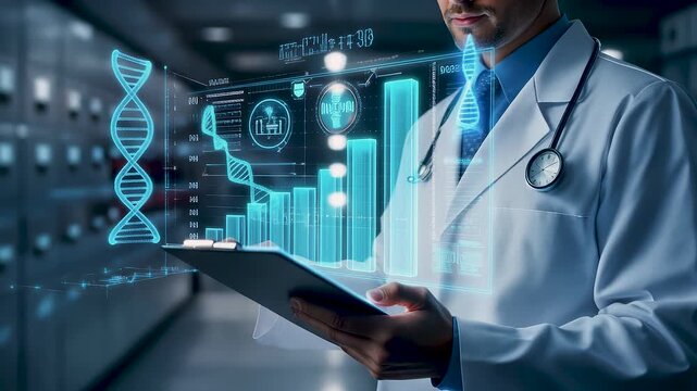 Professional doctor analyzing digital medical data on a clipboard with charts and DNA icons. Modern healthcare analytics, patient records management, and technology-driven clinical decision making.