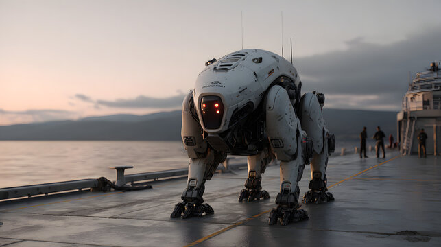Futuristic quadrupedal robot with glowing red eyes on a wet pier at sunset