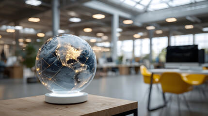 Illuminated globe with glowing network lines sits on a wooden desk in a modern office