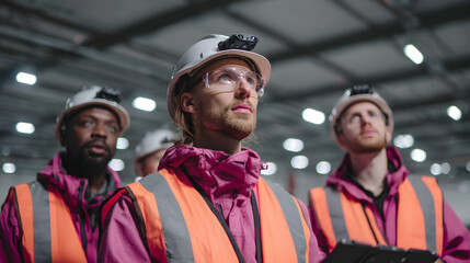 Diverse team of construction workers in hard hats and safety vests looking up